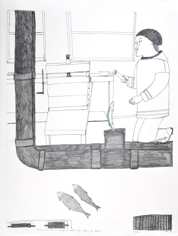 Drawing, 'Catching three fish in the pipes at WBEC Litho Shop in my dream'