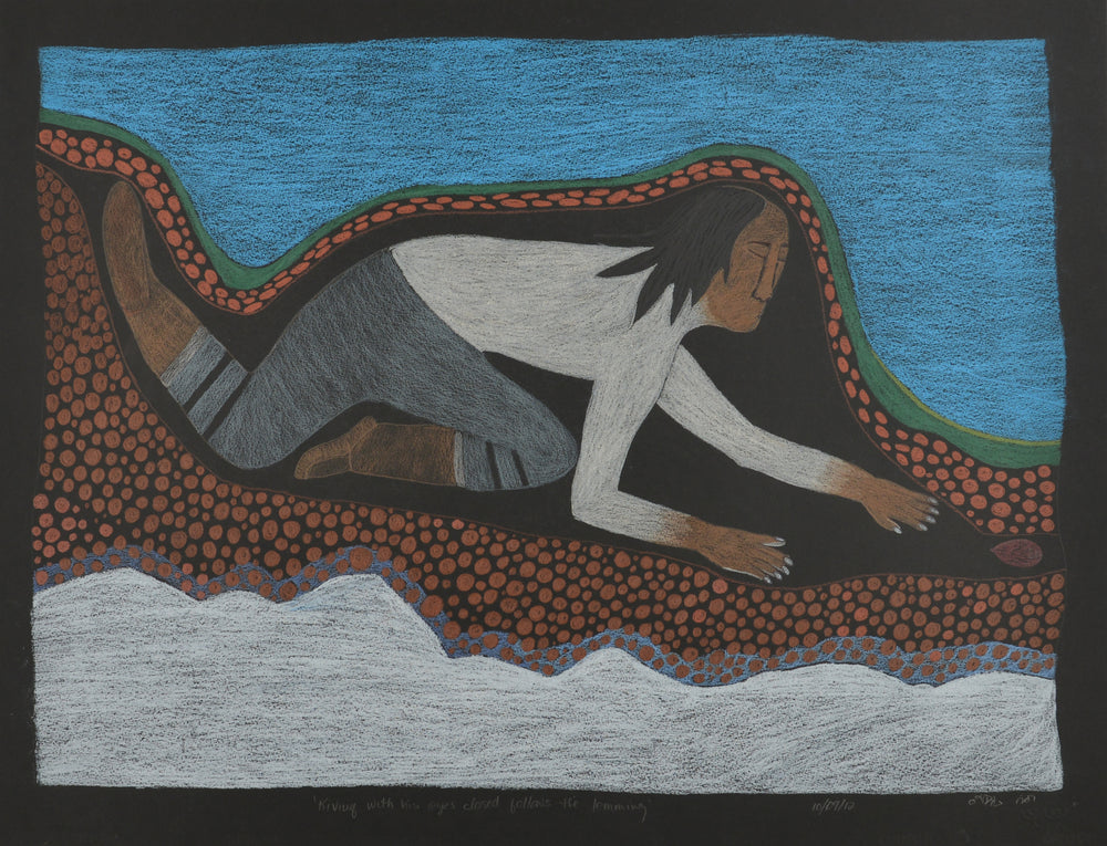 Kiviuq with his eyes closed follows the lemming